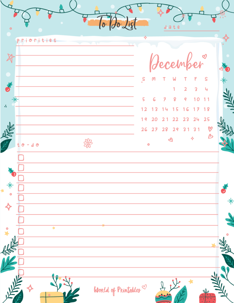 Christmas December To Do List with Dec calendar