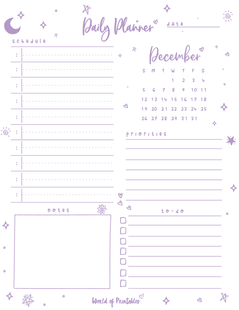 Cute December Day Planner with Dec calendar