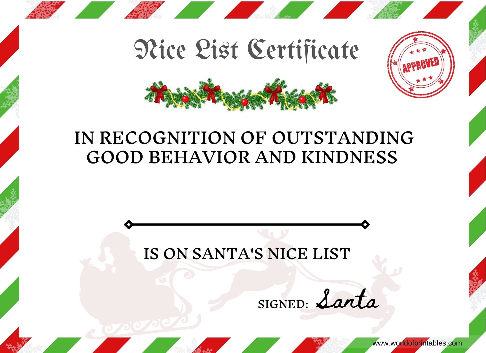 Christmas Nice List Certificate From Santa Free Printable To Personalize