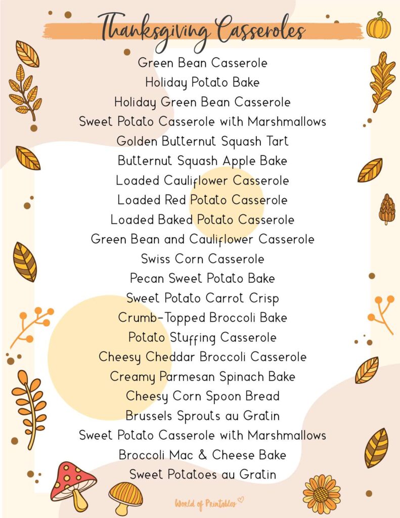 Thanksgiving Food List Thanksgiving Casseroles