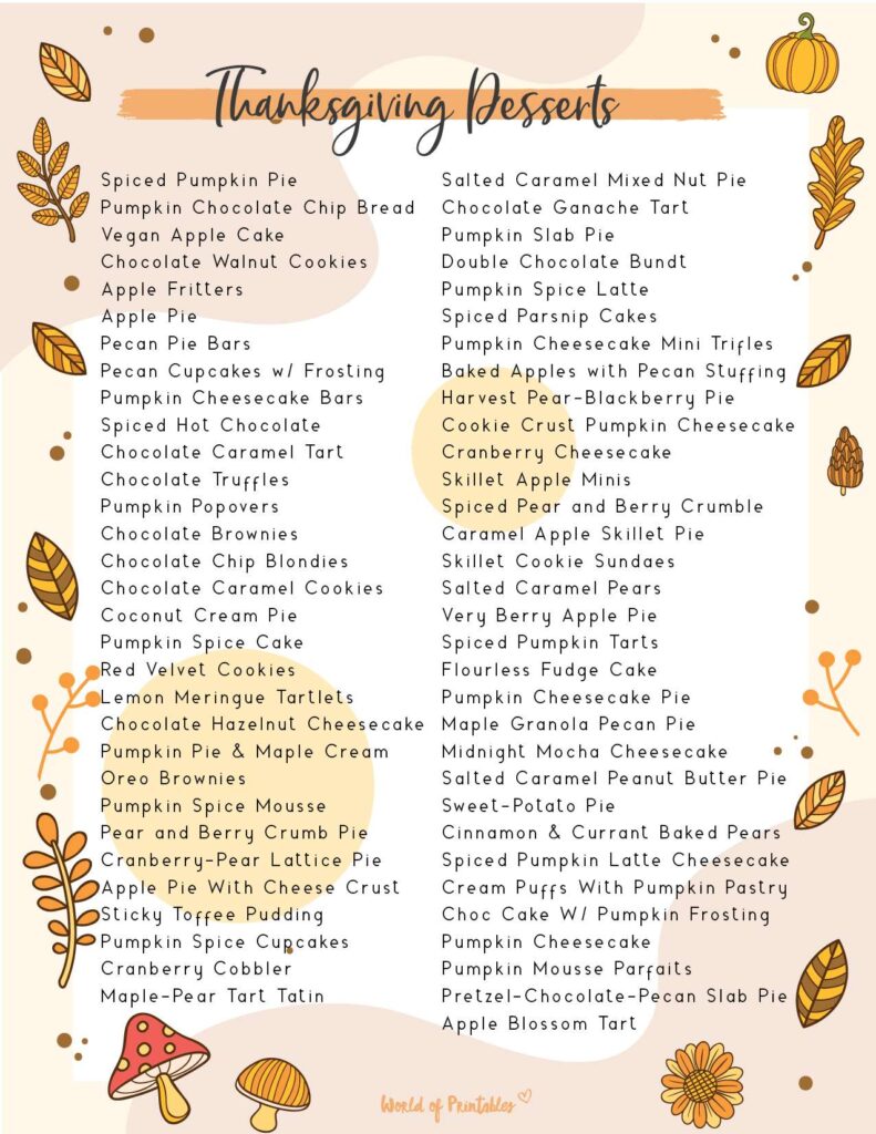 Thanksgiving Food List Thanksgiving Desserts