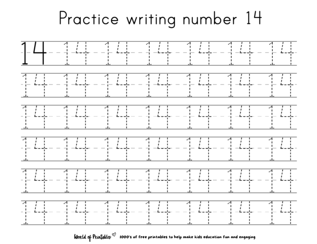 Practice tracing number 14 worksheet