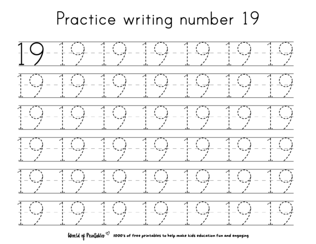 Practice tracing number 19 worksheet