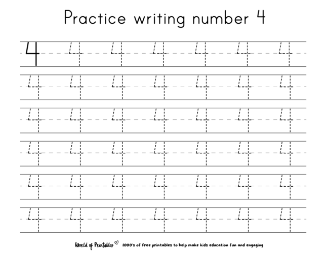 Practice tracing number 4 worksheet