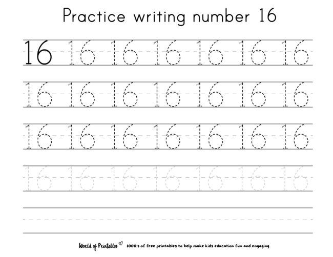 Practice writing number 16 worksheet