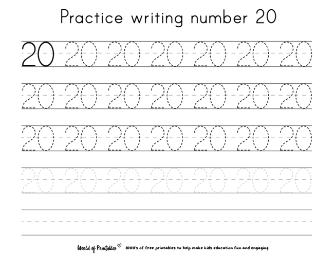 Practice writing number 20 worksheet