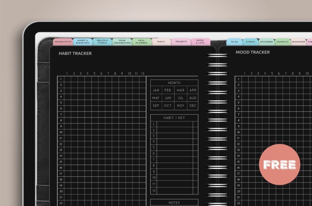 Free Black Digital Habit Tracker and Mood Tracker