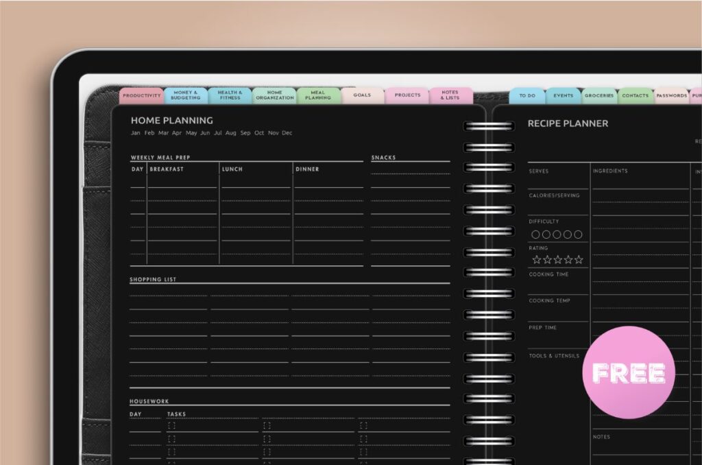 Free Black Digital Home Planner and Recipes