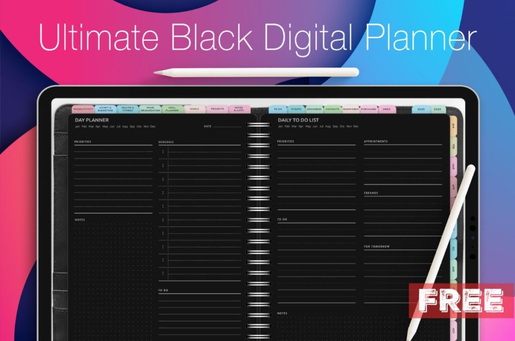 Free Digital Planner with black pages for Goodnotes