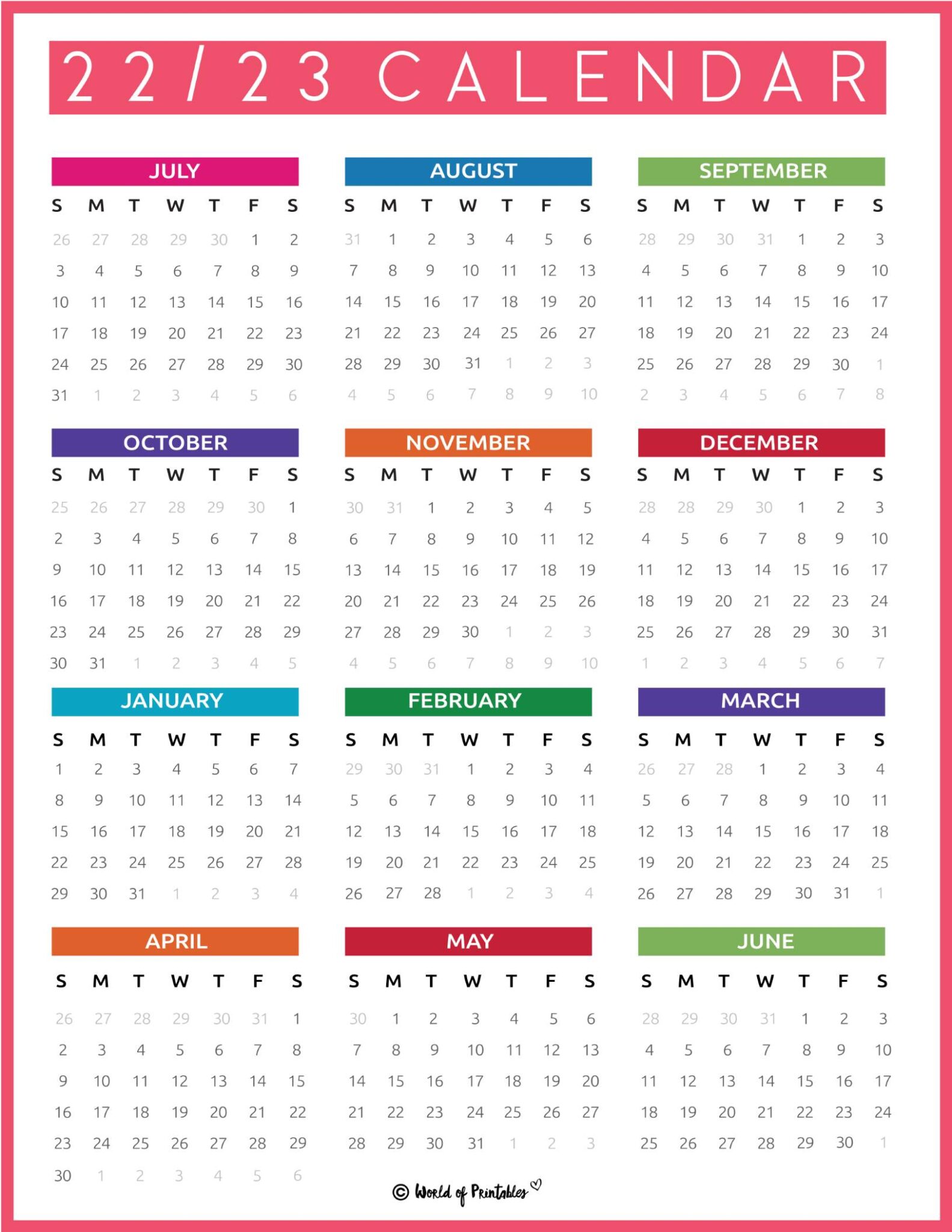 2022 2023 Calendar Free Printables - World of Printables