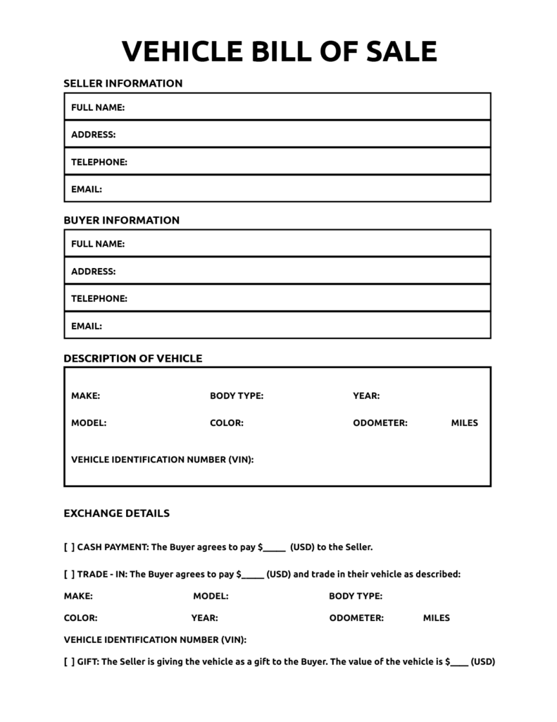 Bill of Sale For Vehicle