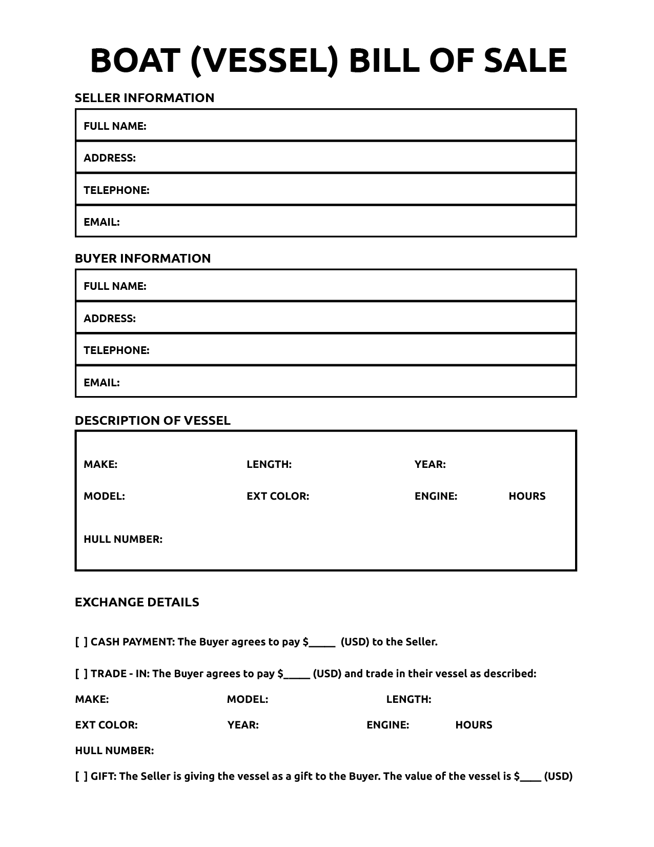 bill of sale for boat world of printables