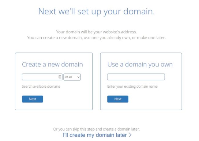 Bluehost create a domain screen