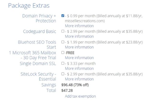 Bluehost package extras screen