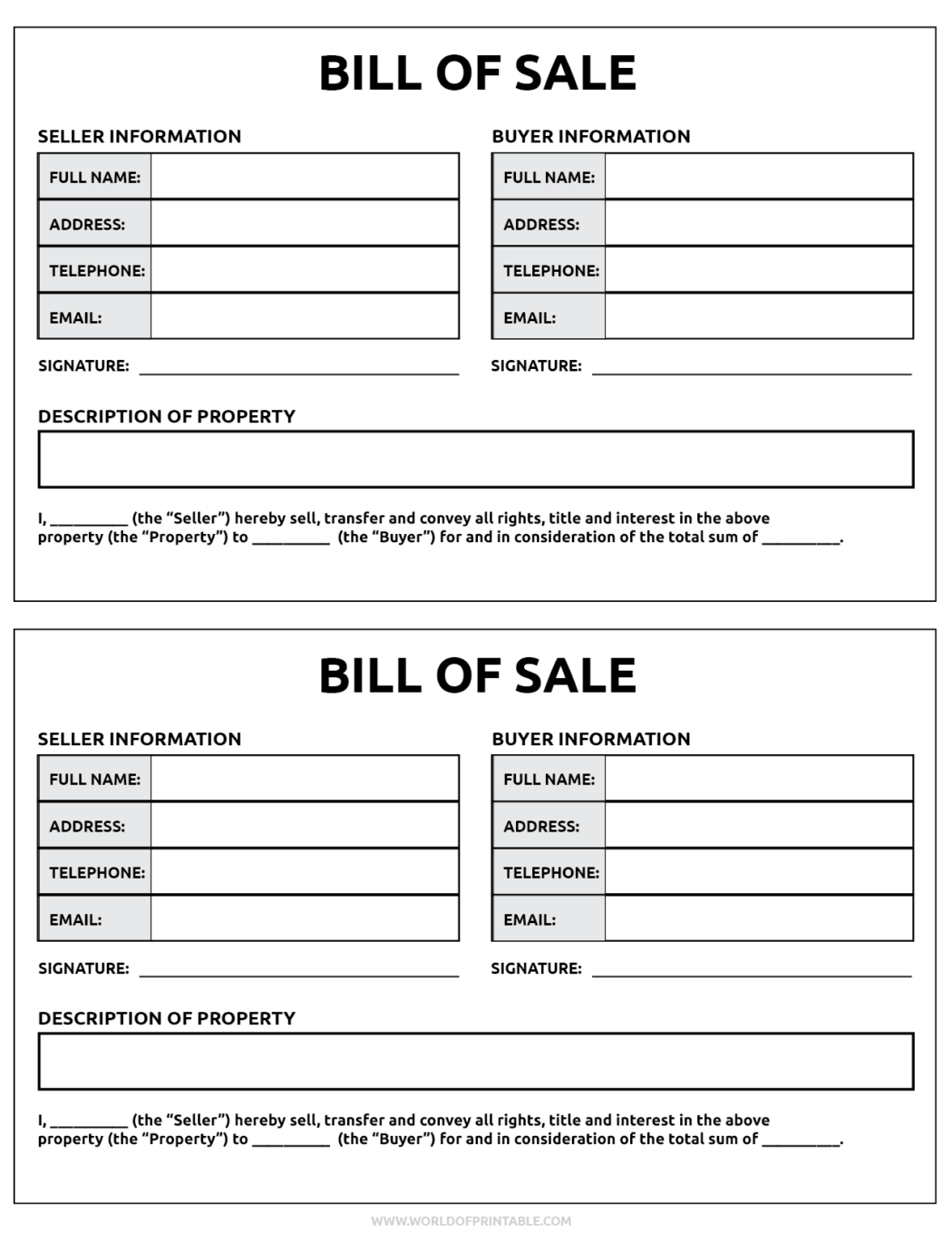 Printable Bill of Sale - World of Printables