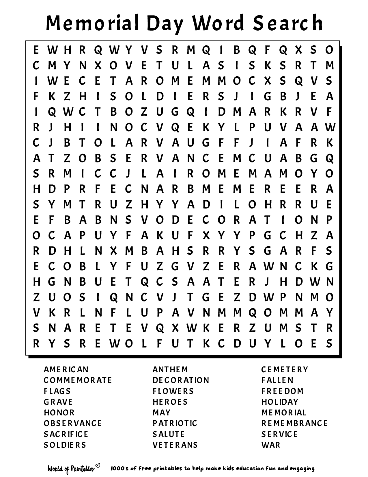 Memorial Day Word Search