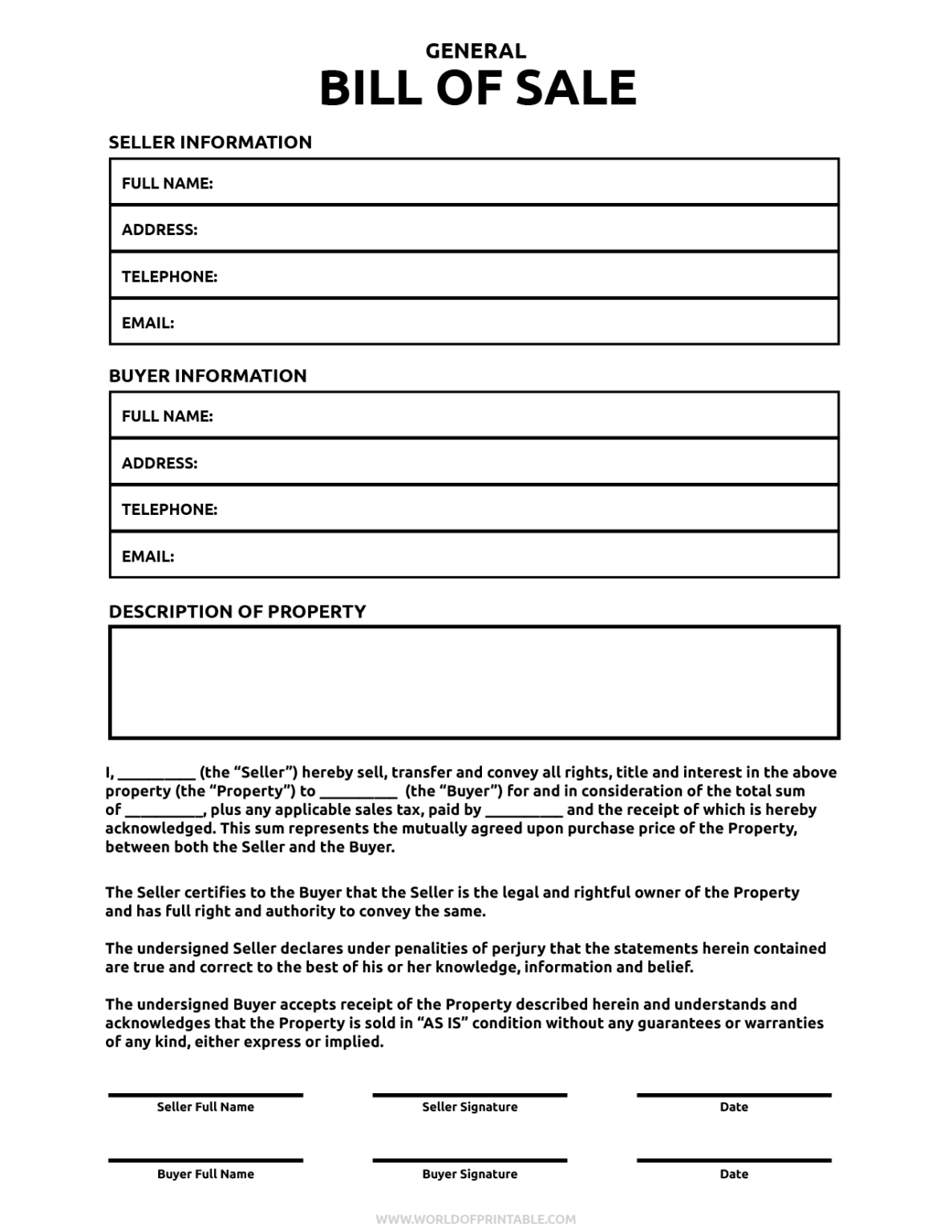Printable Bill of Sale World of Printables