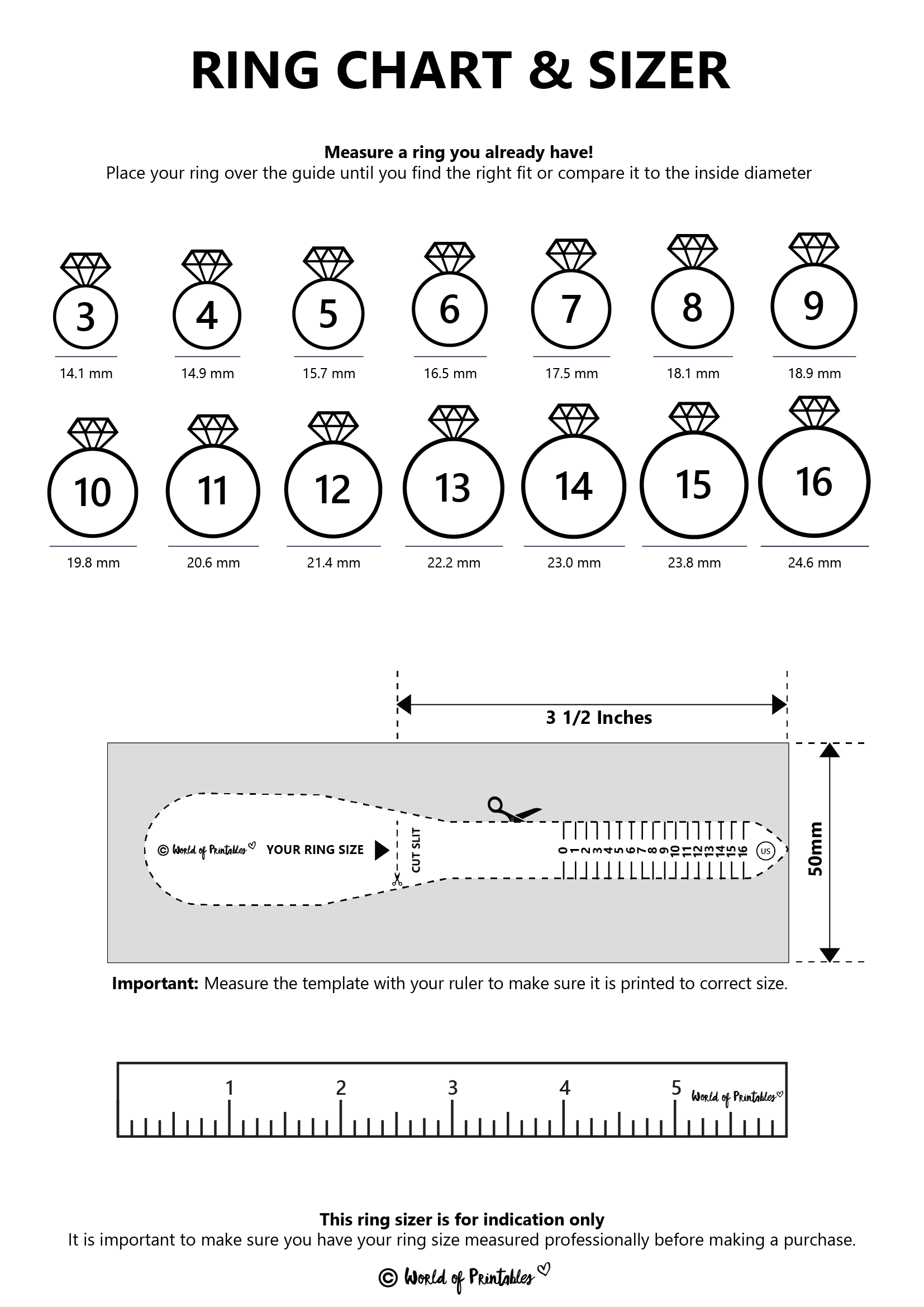 Finger Sizer MM Chart for Rings  Printable ring size chart, Bead size  chart, Ring chart