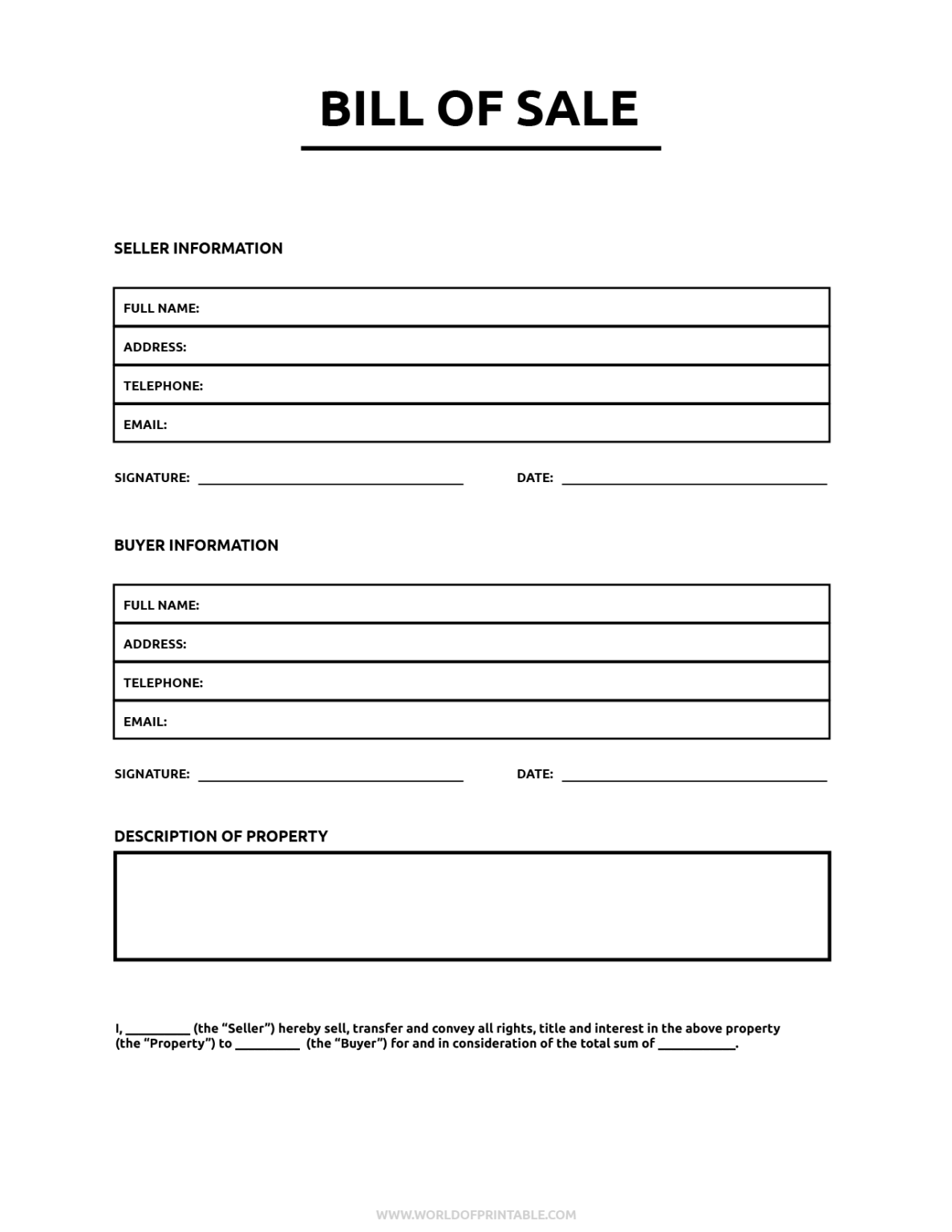 Printable bill of sale world of printables
