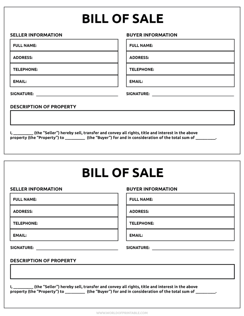 Sample Bill Of Sale Printable 1717