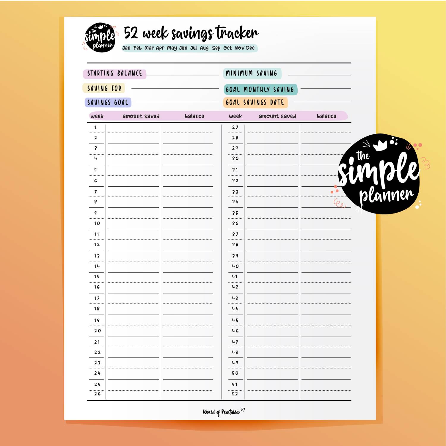 Simple Planner 52 Week Savings Tracker