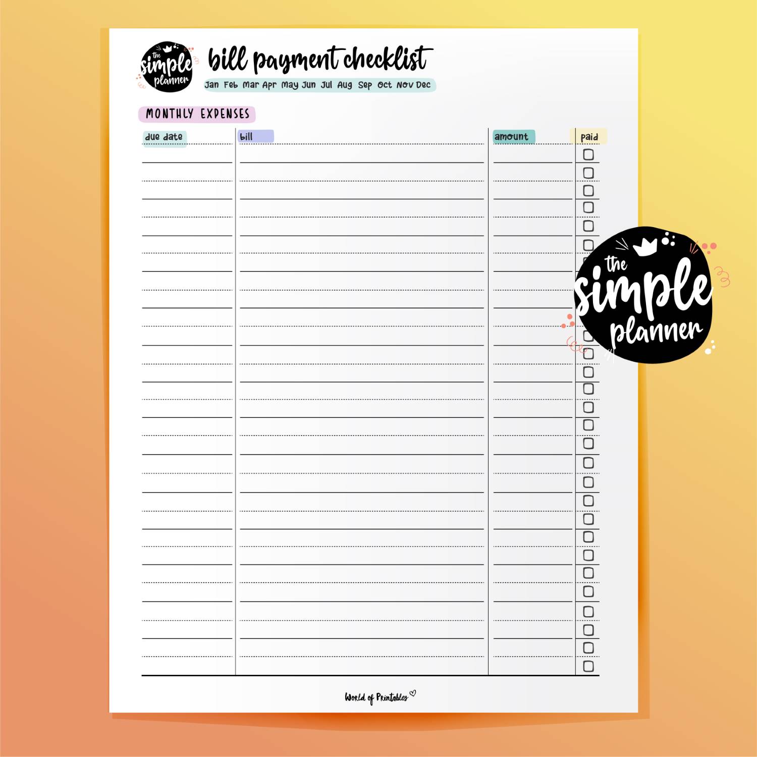 Simple Planner Bill Payment Checklist