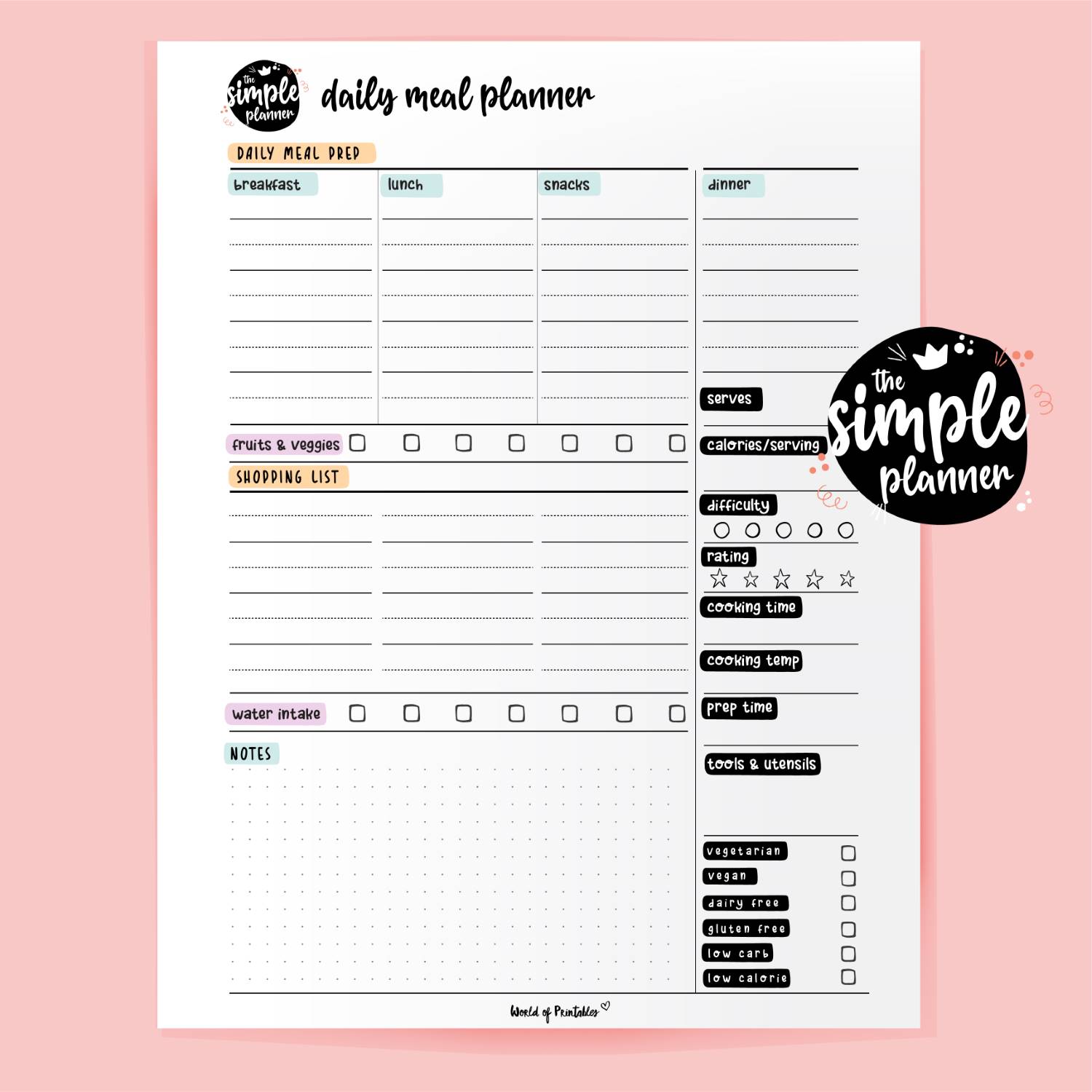 Simple Planner Daily Meal Planner