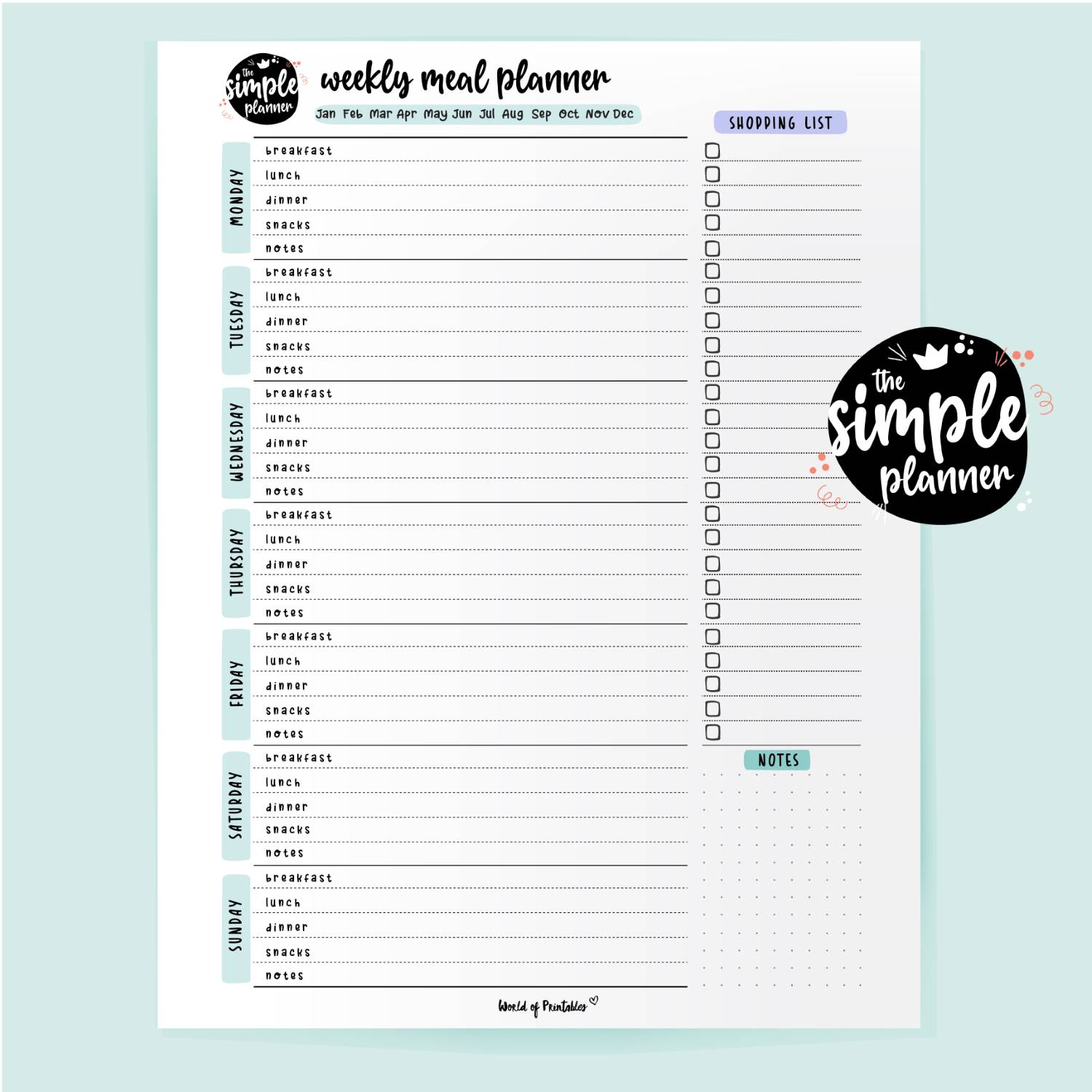 Simple Planner Weekly Meal Planner