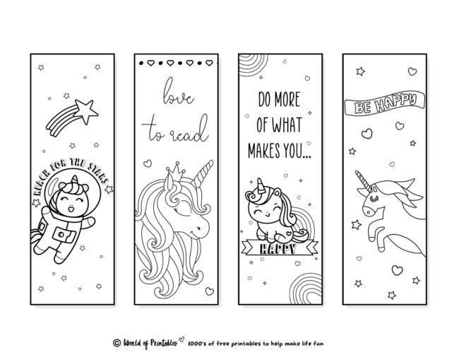 Unicorn Bookmarks to Color