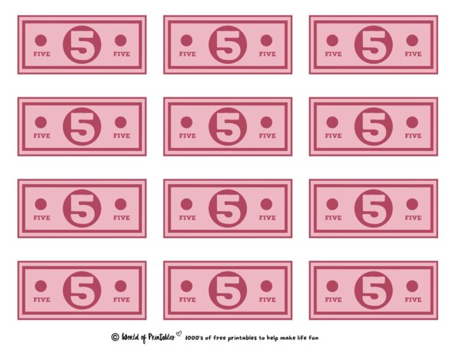 5 Dollars Printable Play Money