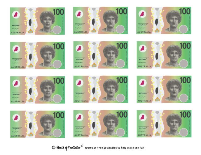 Australian 100 Dollars Printable Play Money