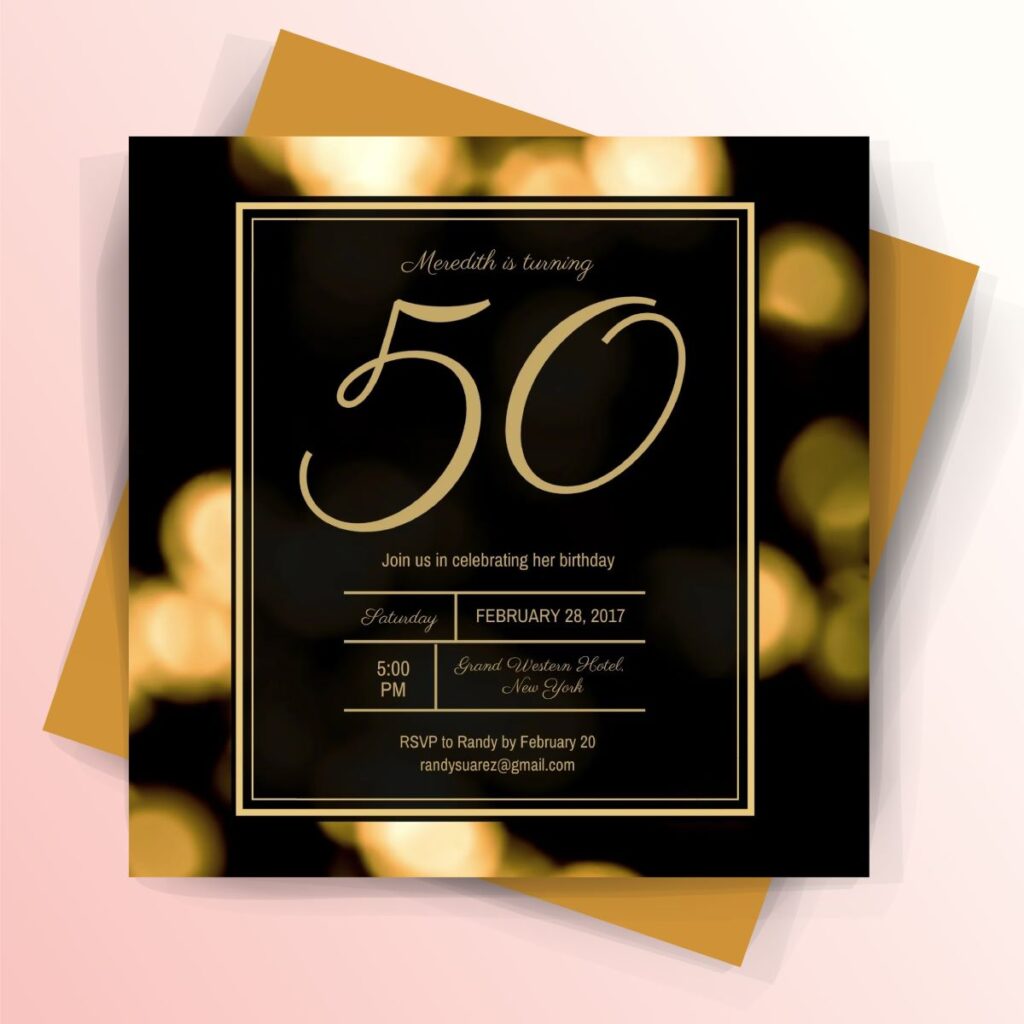 Black and Gold Bokeh 50th Birthday Invitation
