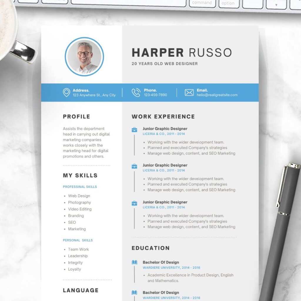 Blue & White Clean Professional Resume CV Template