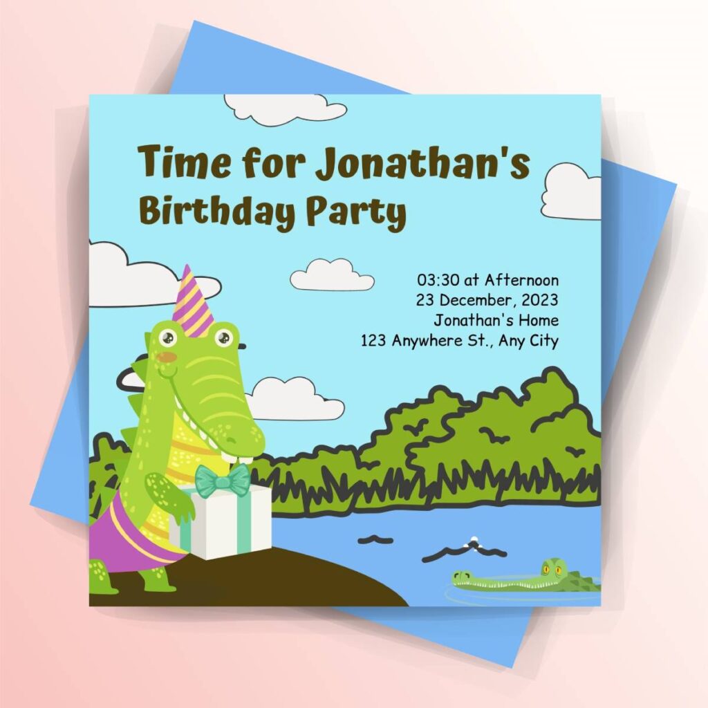 Blue and Green Minimalist Cute Dinosaur Birthday Invitation