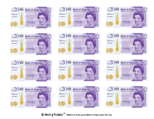 British 20 Pounds Printable Play Money