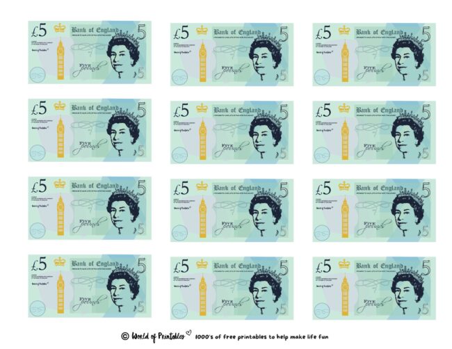 British 5 Pounds Printable Play Money