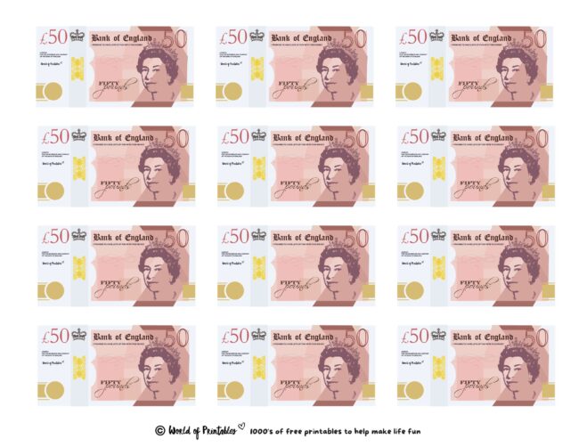 British 50 Pounds Printable Play Money