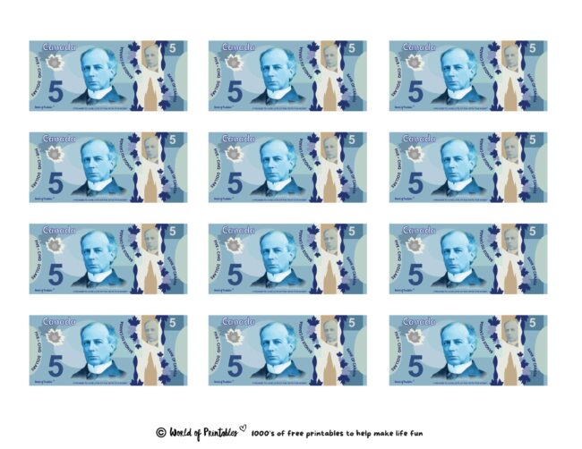 Canadian 5 Dollars Printable Play Money