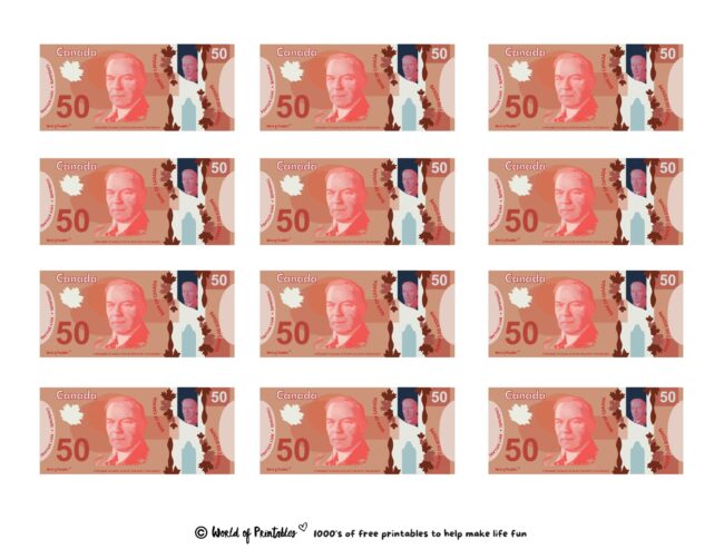 Canadian 50 Dollars Printable Play Money