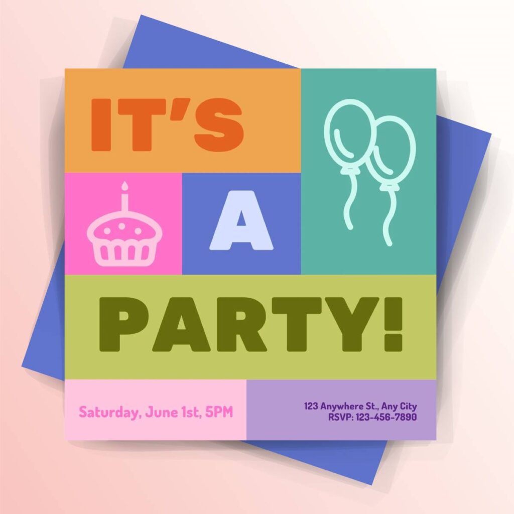 Colorful Boxes and Icons Birthday Party Square Invitation