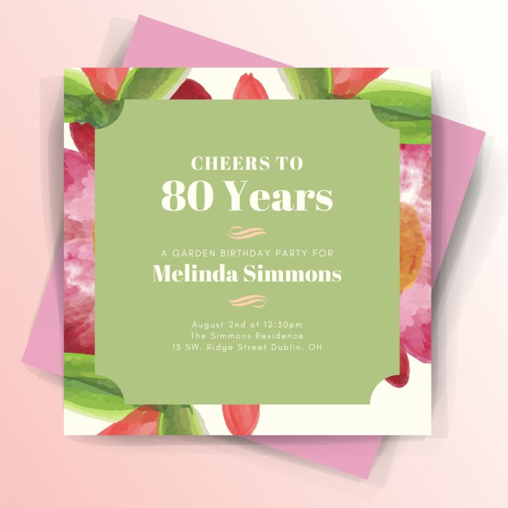 Green Pink Nature Floral Plant 80th Birthday Party Invitation