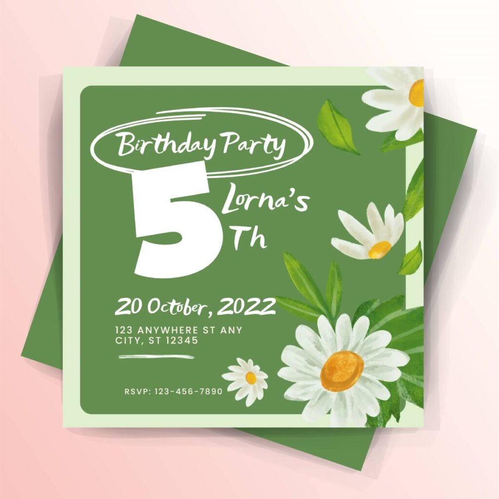 Green and Yellow Flower Textured 5th Birthday Party Invitation