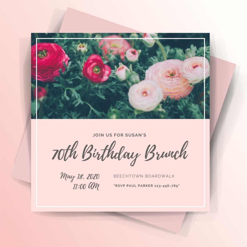 Pink and Grey Floral 70th Birthday Invitation