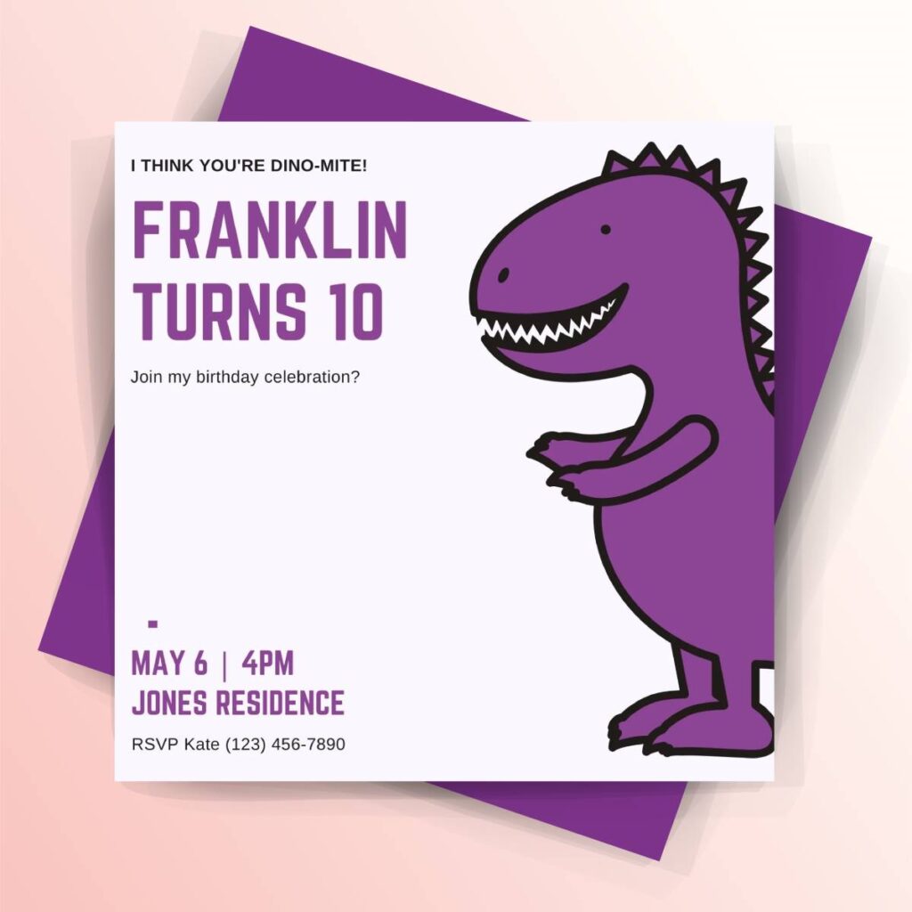 Purple Dinosaur Birthday Invitation