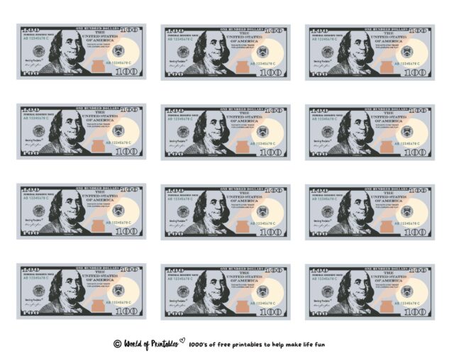 U.S 100 Dollars Printable Play Money