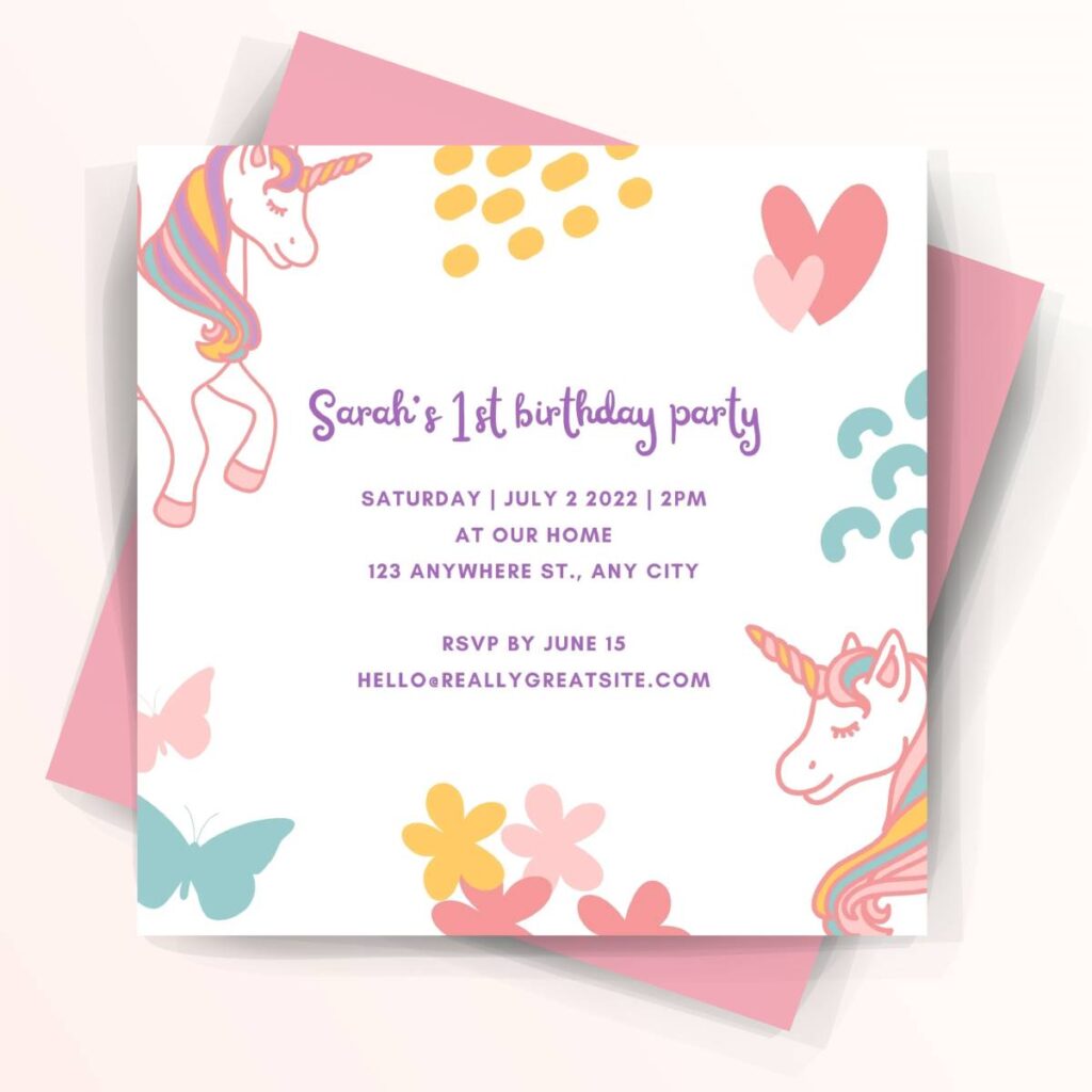 Unicorn First Birthday Party Print Invite