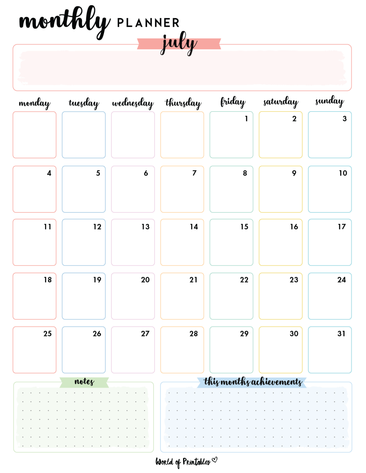 Free Cute July Calendar & Planner Printables