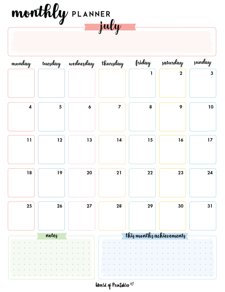 Free Cute July Calendar & Planner Printables