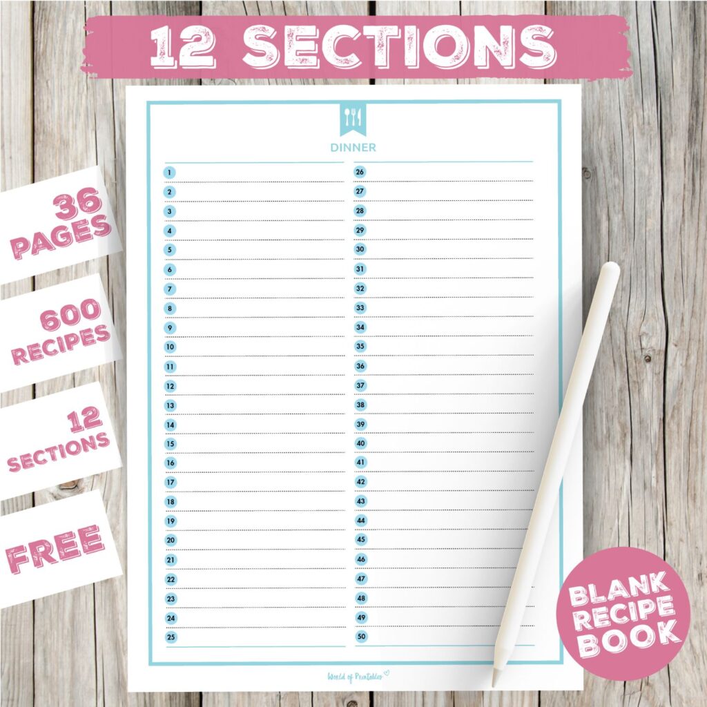 Blank Recipe Book Sections
