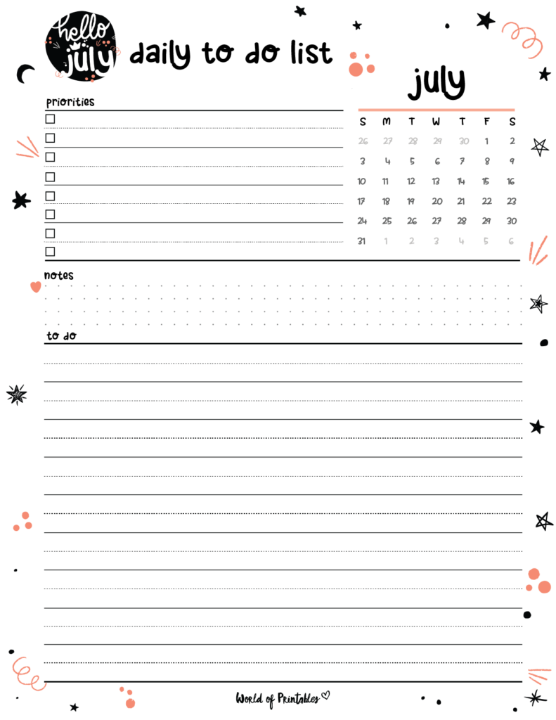 Cute July 2022 Daily To Do List